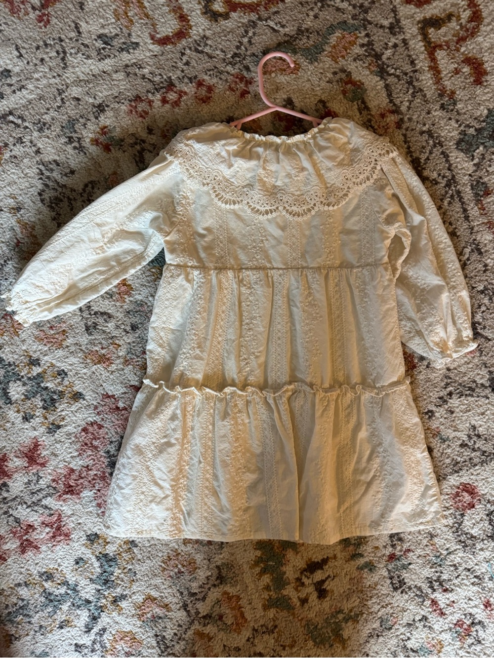 Girls' Ivory Lace Trim Long-Sleeve Dress